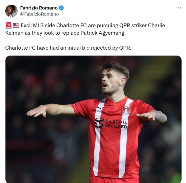 罗马诺：夏洛特FC追逐女王公园巡游者前锋凯尔曼，初步报价已被拒
